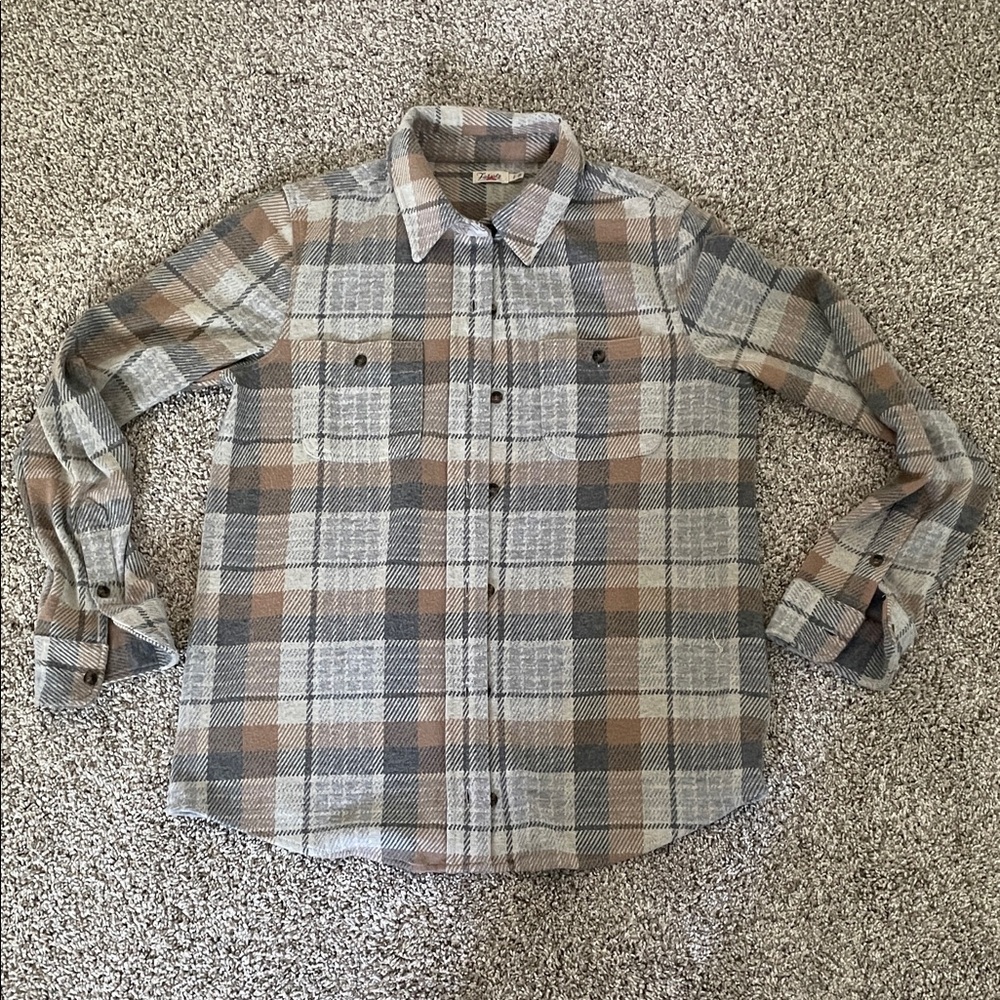 Faherty Legend Sweater Overshirt in Beige Gray Brown Plaid Button-Down Shirt